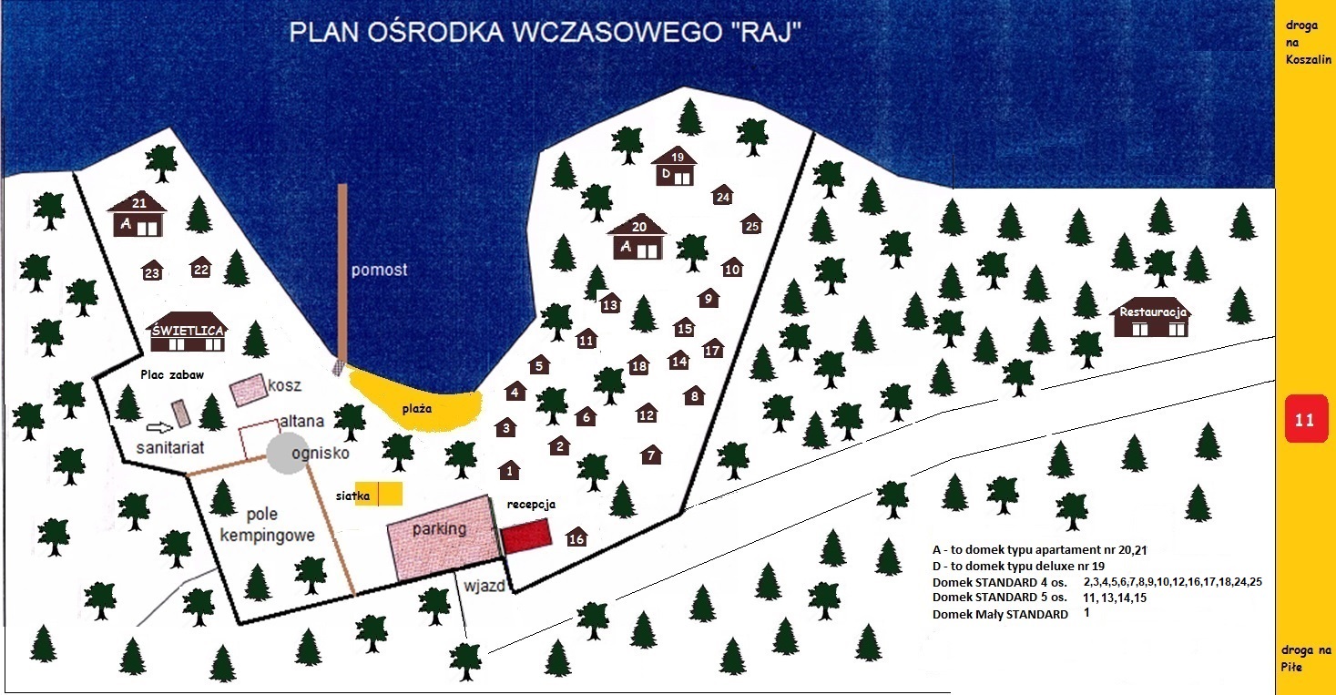 Mapa ośrodka Rajmostowo z rozplanowaniem atrakcji i domków